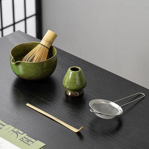The full Usucha set: bowl, bamboo whisk, whisk rest, scoop and sifter
